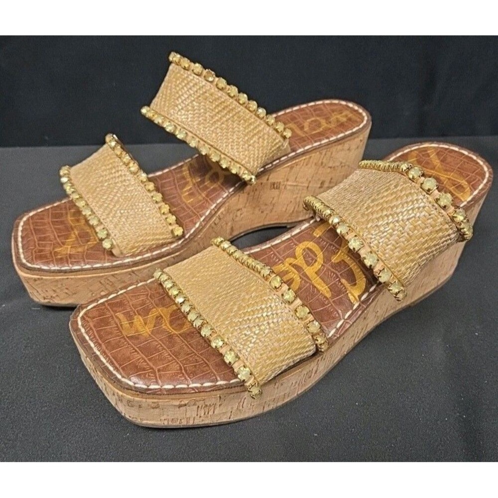 Sam Edelman Angelina Tan Jewel Double Strap Wedge Sandals Size 10 M GUC